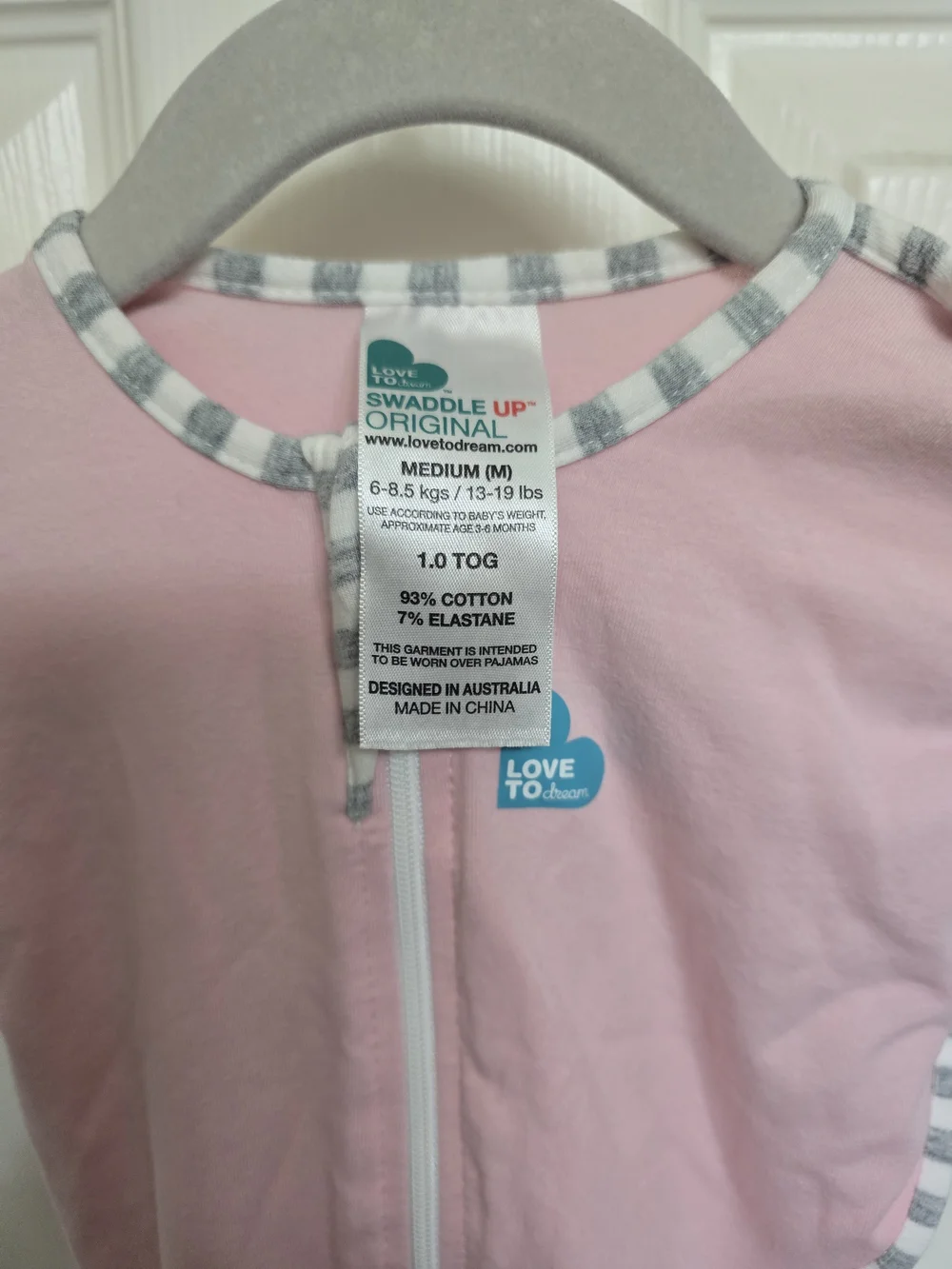 Love to dream Pink Swaddle Sleep Sack with Gray Striped Trim